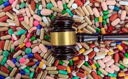 A gavel laying on top of a pile of pills