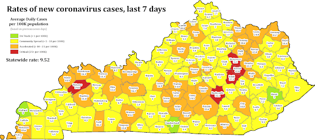 County-level map of Kentucky showing rates of new coronavirus cases in the past seven days