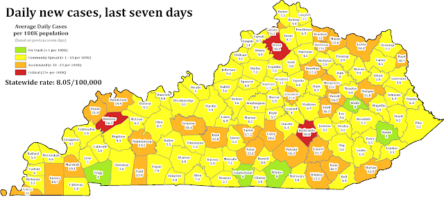 Map of Kentucky showing daily new coronavirus cases by county over the past seven days