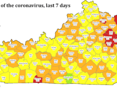 County-level map of Kentucky with average daily new coronavirus cases over the last seven days