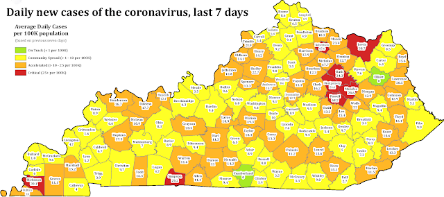 County-level map of Kentucky with average daily new coronavirus cases over the last seven days