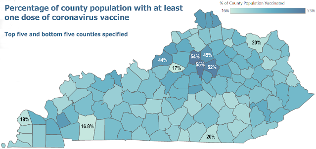 Screenshot of state vaccine dashboard by percentage of county population with at least one dose of coronavirus vaccine.