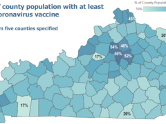 Screenshot from the state website with a map of Kentucky. It shows the percentage of each county's population with at least one dose of the coronavirus vaccine.