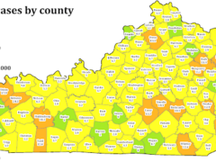 Kentucky map of new coronavirus cases, color-coded by county