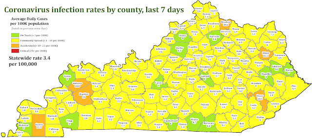 Kentucky Department of Health county map showing coronavirus infections rates over the last seven days