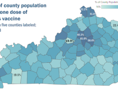 Kentucky Department for Public Health map of Kentucky showing the percentage of each county's population with at least one dose of a coronavirus vaccine