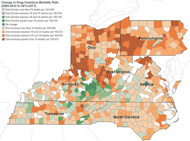 Map of Central Appalachia with color-coded counties showing change in drug overdose mortality rate between 2008-2012 and 2013-2017